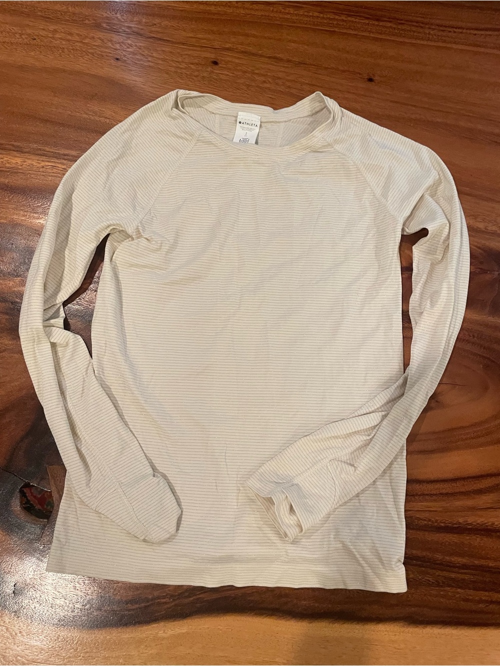 Athleta Cream and Glittery Silver Thin-Striped Long Sleeve Top